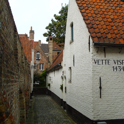 Ulička vedoucí k vodnímu kanálu, Bruggy, Belgie