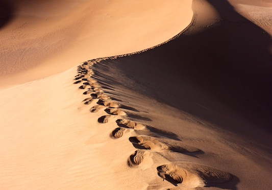 Human footprints on dunes of Erg Chigaga desert