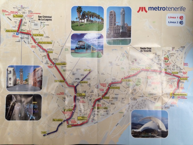 Mapa tramvají v San Cristóbal de La Laguna a Santa Cruz de Tenerife, Tenerife