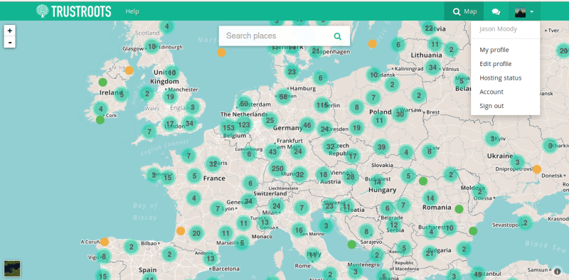 Prostředí Trustroots je jednoduché a přehledné. 