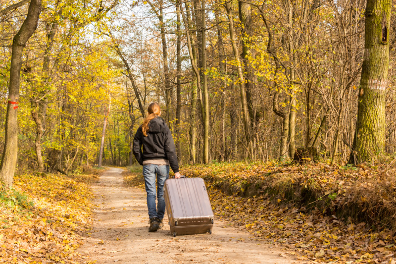 Vzít si na cesty kufr na kolečkách – šílenost nebo reálná věc? Mladá holka s kufrem na kolečkách kráčející podzimně zabarveným lesem .
